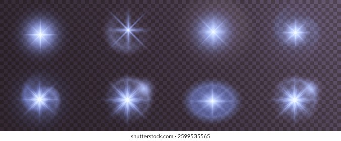realistic glowing light effect with bright flares, sparkling glares, and shimmering beams. Perfect for sunlight, starlight, fireworks, magic energy, and festive vector designs. Isolated set.	