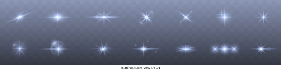 realistic glowing light effect with bright flares, sparkling glares, and shimmering beams. Perfect for sunlight, starlight, fireworks, magic energy, and festive vector designs. Isolated set