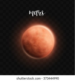 Realistic glowing Mars planet Isolated. Glow with transparency on black background. Lighting effects. Glowing planet. Realistic space object. Universe. Solar system. Planet for design. Space