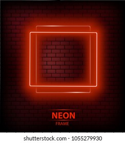 Realistic glowing neon frame on brick wall.