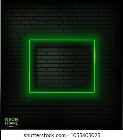 Realistic glowing neon frame on brick wall.