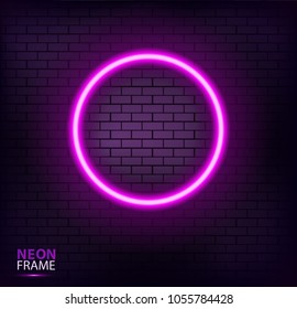 Realistic glowing neon frame on brick wall.