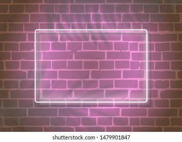 Realistic glowing neon frame on brick pink wall.