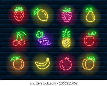 realistic glowing neon fruit icons