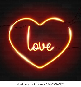 Realistic glowing neon sign. Templates in the shape of a red neon heart with the inscription "Love". Vector 3D illustration