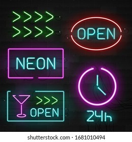 Realistic glowing neon signs on a brick wall. Bar signboard concept. Retro element for web design. Vector 3D illustration