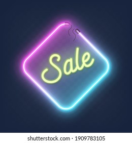 Realistic glowing shape neon rhombus frame with sale sign isolated on transparent background. Shining and glowing neon effect with wires, Vector illustration