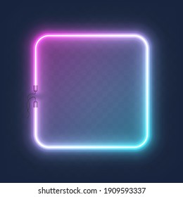 Realistic glowing shape neon square frame isolated on transparent background. Shining and glowing neon effect with wires, Vector illustration