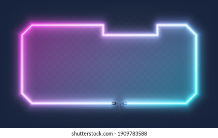 Realistic glowing shape neon square frame isolated on transparent background. Shining and glowing neon effect with wires, Vector illustration