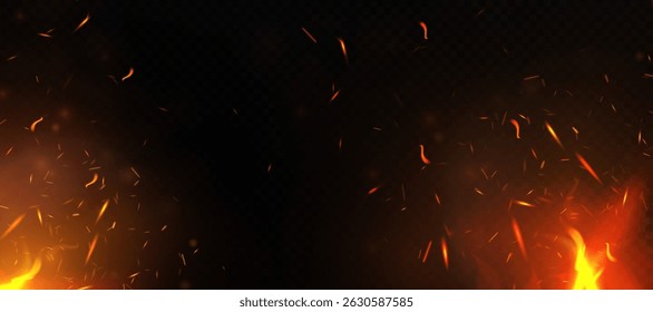 
Fagulhas brilhantes realistas e brasas de fogo voando acima das chamas em um fundo escuro. Queima de partículas e chamas cintilantes para efeitos de explosão ou cenas visuais.