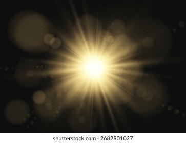 Raios de luz estelar brilhantes realistas explodem isolados em fundo transparente.