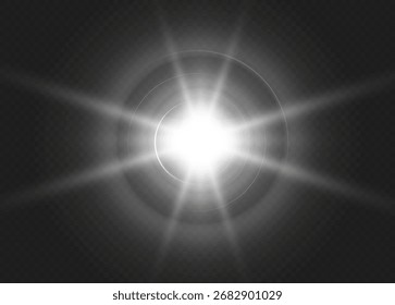 Realistic glowing star light rays burst isolated on transparent background.
