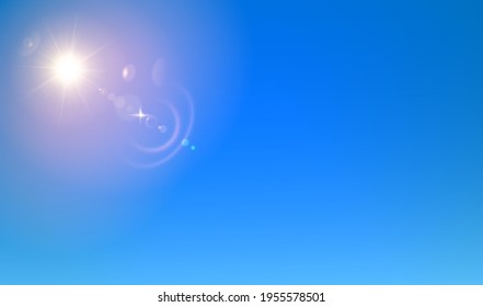 Realistic glowing sun and light flare on sky background, vector illustration