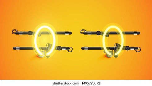Realistic glowing yellow neon charcter on and off