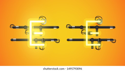 Realistic glowing yellow neon charcter on and off