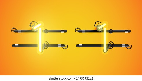 Realistic glowing yellow neon charcter on and off