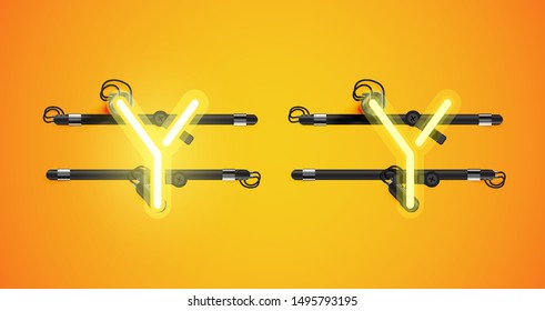 Realistic glowing yellow neon charcter on and off
