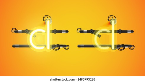 Realistic glowing yellow neon charcter on and off