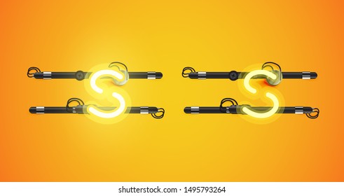 Realistic glowing yellow neon charcter on and off