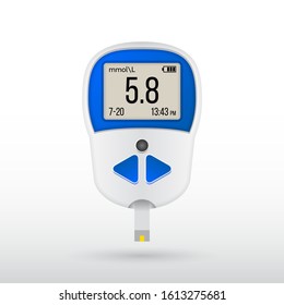 Realistic glucose meter vector illustration. Diabetes blood glucose test. Modern electronic device glucometer. Isolated on white background.