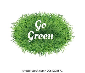 Realistic go green grass composition with round piece of lawn gass with ornate text vector illustration
