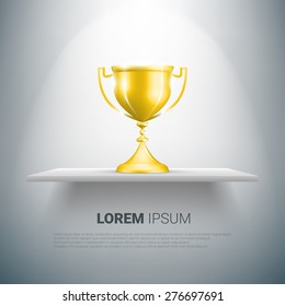 Realistic goblet on white shelfe with sample text