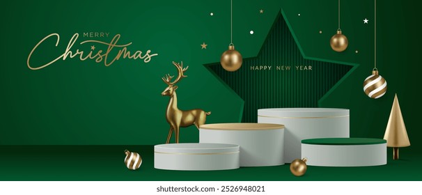 Realistic gold 3D Christmas podium on a green background. Christmas tree, deer, star and ornament on the stage. Perfect for product display, mockups, showrooms and showcases. Vector illustration