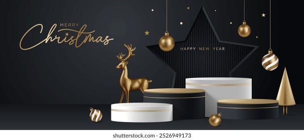 Realistic gold 3D Christmas podium on a black background. Christmas tree, deer, star and ornament on the stage. Perfect for product display, mockups, showrooms and showcases. Vector illustration