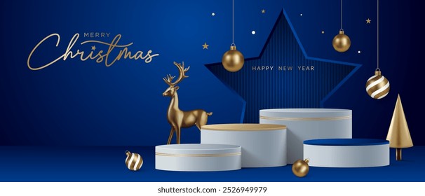 Realistic gold 3D Christmas podium on a dark blue background. Christmas tree, deer, star and ornament on the stage. Perfect for product display, mockups, showrooms and showcases. Vector illustration