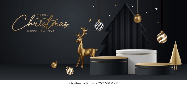 Realistic gold 3D Christmas podium on a black background. Christmas tree, deer, star and ornament on the stage. Perfect for product display, mockups, showrooms and showcases. Vector illustration