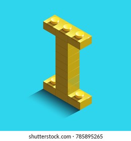 Realistic  gold 3d isometric letter I of the alphabet from constructor bricks. Yellow 3d isometric plastic letter from the building blocks. Colorful character of alphabet letter font. Lego letter 