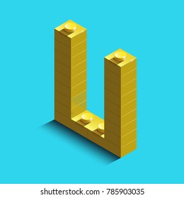 Realistic gold 3d isometric letter U of the alphabet from constructor lego bricks. Yellow 3d isometric plastic letter from the building blocks.Colorful character of alphabet letter font. Lego letter  