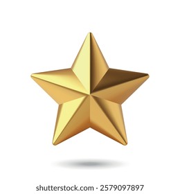 Realistic gold 3D star with smooth edges and a shadow, isolated on white background
