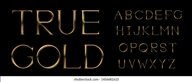 Realistic gold alphabet. Hand crafted serif font with rust effects. Gold roman textured uppercase.