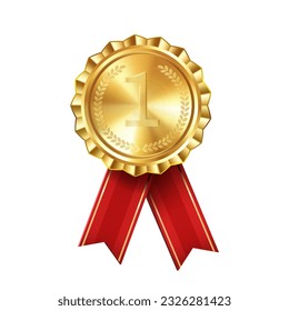 Realistic gold award medal with red ribbons engraved number one. Premium badge for winners and achievements