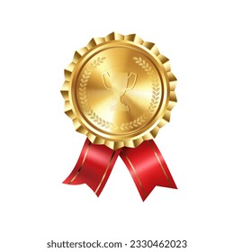 Realistic gold award medal with red ribbons and engraved winner cup. Premium badge for winners and achievements.