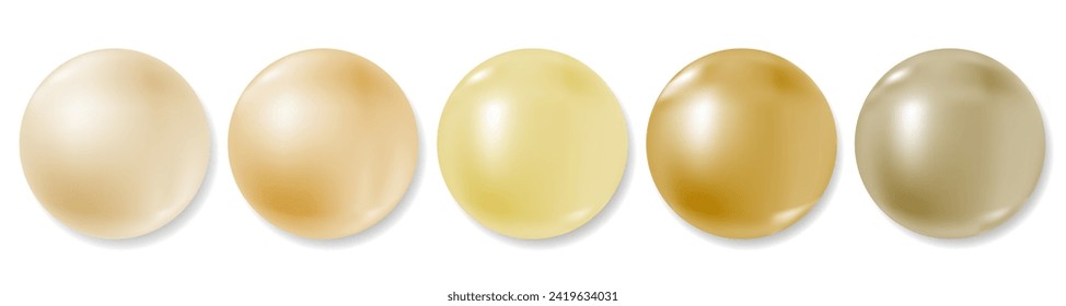 Realistic gold balls collection isolated on white. 3D sphere set, different shades from light beige to dark yellow. Vector clipart, jewelry pearl gem, plastic or metal beads with natural reflection.