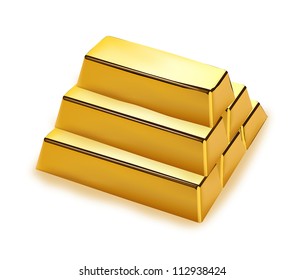 Realistic gold bars stack on white background