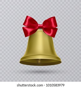 Realistic gold bell with red bow. Vector illustration