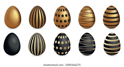 Realistic gold and black 3d eggs. Vector illustration.