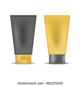 Realistic gold and black blank tubes of cream, gel. Mock up, cosmetic package 