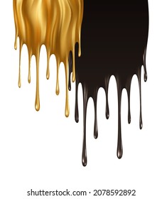 Realistic gold and black paint drips isolated on a white background. Dripping, flowing black and gold paint. Golden Fluid Flow. Vector illustration EPS10