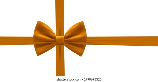 Arco de oro realista y horizontal con satén brillante de lazo vertical para regalos de decoración, saludos, vacaciones. Ilustración vectorial de material aislada en fondo blanco.