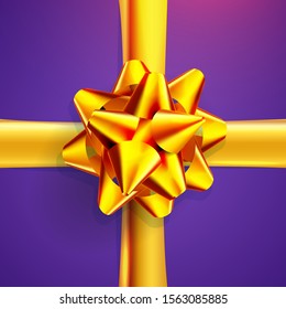 Realistic gold bow isolated on violet background. Ribbon. Vector illustration