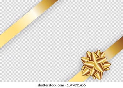 Realistic gold bow and ribbon isolated on transparent background. Template for greeting card, poster or brochure.