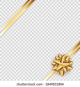 Realistic gold bow and ribbon isolated on transparent background. Template for greeting card, poster or brochure.