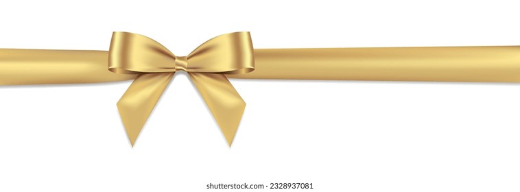 Estatina brillante del arco dorado realista y línea horizontal de cinta con sombra para decorar tu tarjeta de boda, sitio web o tarjeta de regalo, EPS10 vector aislado en fondo blanco.