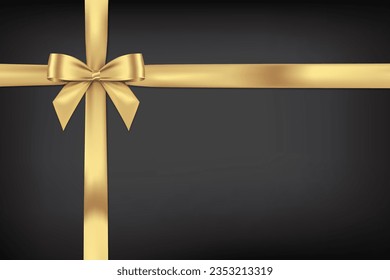 Realistic Gold bow shiny satin and crossed ribbons horizontal line with shadow,golden rinbon for decorate your wedding card,certificate or gift card,vector EPS10 isolated on black gradient background.