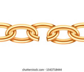 Realistic gold broken chain texture. Yellow color demage chains link isolated on white background. Three dimensional design element