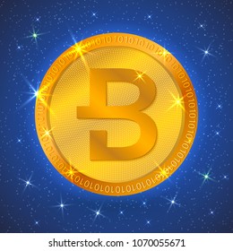 Realistic gold bytecoin icon in space. Cryptocurrency.  Digital currency. Virtual money. Golden coins. Blockchain technology. Easy to use design template for your business projects.